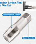 Carbon steel NPT pipe tap with four straight flutes, square shank, part of Five Piece NPT Pipe Tap Set With Sizes One Eighth Inch Through Three Quarters Inch Carbon Steel Hand Threading Tool For Plumbing Mechanics And DIY Tasks That Delivers Clean Accurate Threads For Pros And DIYers.