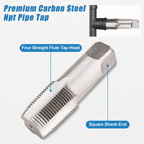 Carbon steel NPT pipe tap with four straight flutes, square shank, part of Five Piece NPT Pipe Tap Set With Sizes One Eighth Inch Through Three Quarters Inch Carbon Steel Hand Threading Tool For Plumbing Mechanics And DIY Tasks That Delivers Clean Accurate Threads For Pros And DIYers.