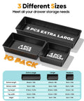 Ten Pack Large Plastic Drawer Organizer Set With Extra Large Large And Medium Trays for desk, vanity, and kitchen use.