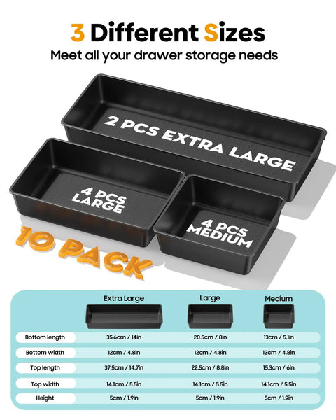 Ten Pack Large Plastic Drawer Organizer Set With Extra Large Large And Medium Trays for desk, vanity, and kitchen use.