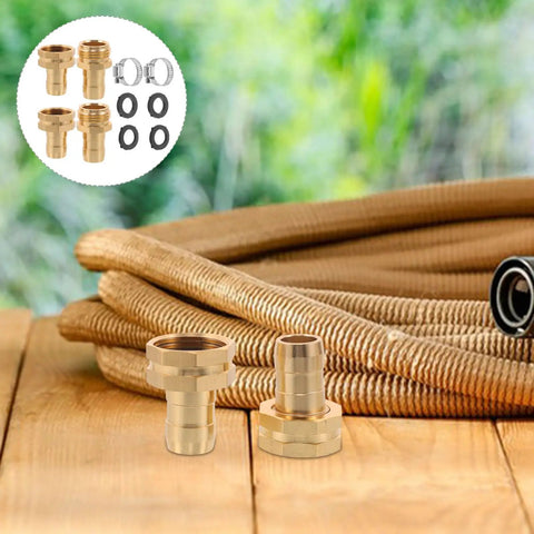 Fix Your Garden Hose Like A Pro With This Top Quality Brass Repair Kit Featuring Durable Stainless Steel Clamps And Leak Proof Male Female Connectors For Quick Outdoor Fixes brass hose repair kit with fittings, clamps, and seals on a coiled garden hose