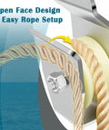 Close-up of pulley with rope setup in Top Shelf Heavy Duty Crab Pot Retrieval Kit With Marine Grade 304 Stainless Steel Davit Bracket And High Capacity Low Drag Pulley For Hog Wild Harvest Days.