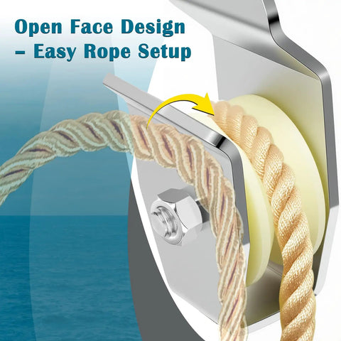 Close-up of pulley with rope setup in Top Shelf Heavy Duty Crab Pot Retrieval Kit With Marine Grade 304 Stainless Steel Davit Bracket And High Capacity Low Drag Pulley For Hog Wild Harvest Days.