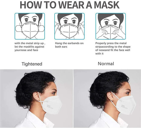 Instructions for Five Layer KN95 Face Mask Pack 50 Count Breathable Cup Style With Elastic Ear Loops Dust Safety Mask