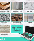 Image showing materials like ceramic, porcelain, marble, granite, stoneware, quartz, masonry compatible with Diamond Tile Drill Bit Set 7Pc Pro Grade Heavy Duty Hole Saw Kit For Porcelain Ceramic Marble Brick And Concrete With Five Eighth Eleven Thread And 2In Beveling Chamfer Bit For Dry Or Wet Drilling.