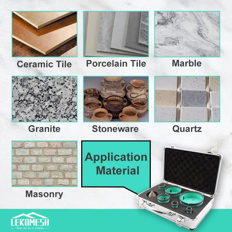 Image showing materials like ceramic, porcelain, marble, granite, stoneware, quartz, masonry compatible with Diamond Tile Drill Bit Set 7Pc Pro Grade Heavy Duty Hole Saw Kit For Porcelain Ceramic Marble Brick And Concrete With Five Eighth Eleven Thread And 2In Beveling Chamfer Bit For Dry Or Wet Drilling.