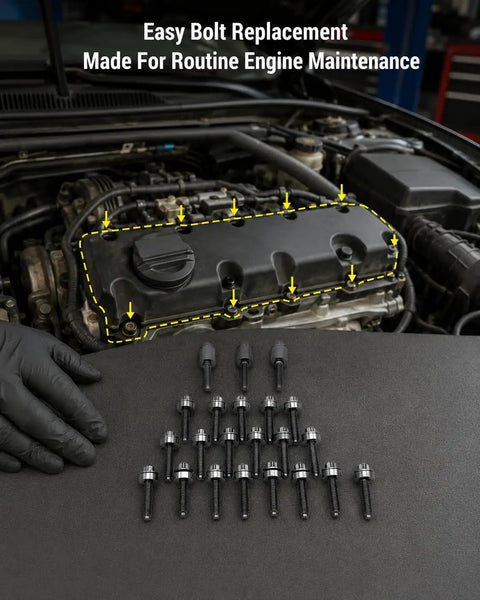 Valve Cover Bolt Kit 22 Pack for 3.0L V6 BMW Engines 2006 2007 325i 330i 525i 530i Z4 OE Replacement Screws for a Snug Seal and Leak Free Performance Today, shown with engine cover and bolts