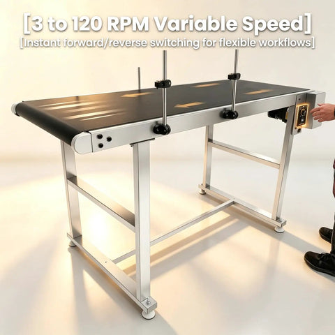 Beefy Mini Conveyor Belt With Guardrails, 55x22 Inch Stainless Steel Frame, Variable Speed 3-120 RPM, Forward Reverse PVC Belt