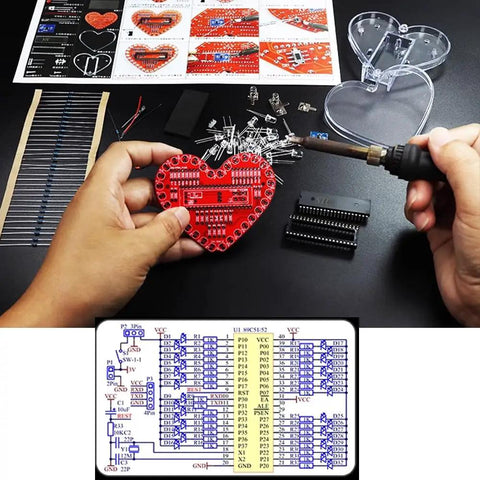 Person soldering Heart Shaped LED Flashing Light Kit With 51 Microcontroller For Electronics, 32 Colorful 5mm LEDs.
