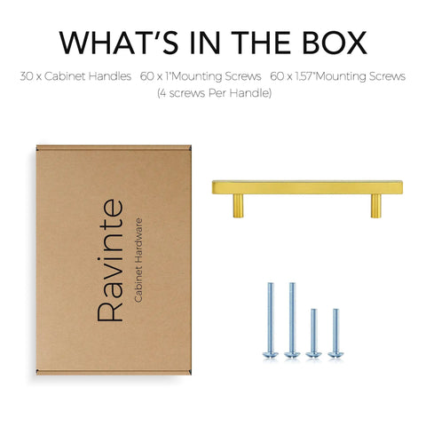 30 Pack 7 3 Eighths Inch Square Cabinet Pulls In Brushed Brass Stainless Steel For Kitchen Drawers And Cabinets, 5 Inch Center To Center Hole Spacing, Durable Modern Handles with packaging and screws