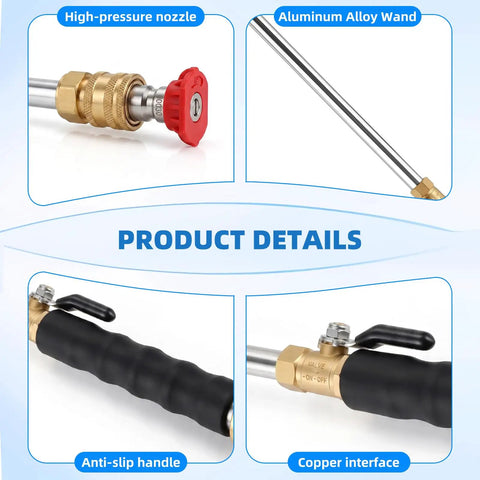 Beast Mode Power Washer Hose Attachment With 5 Quick Connect Nozzles showing nozzle, alloy wand, handle, and copper interface