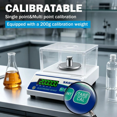 Top Notch Pro Grade Lab Scale 500g X 0.001g Digital Balance With G Oz Ct Lb Modes Backlit Display in lab with calibration weight