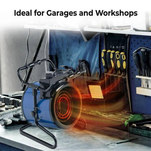 Powerful 3600 Watt 240 Volt Portable Industrial Heater With Steel Body Adjustable Tilt Thermostat in workshop setting
