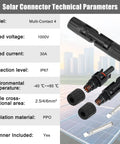 50 Pairs Waterproof Solar Panel Connectors With Pins And Spanners, MC4 Style Male And Female Plugs For 14AWG To 10AWG Solar Cables, IP67 Rating, 1000V 30A, Durable PPO Shell, Off Grid Power Kit displayed with specifications chart and tools