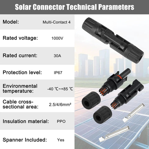 50 Pairs Waterproof Solar Panel Connectors With Pins And Spanners, MC4 Style Male And Female Plugs For 14AWG To 10AWG Solar Cables, IP67 Rating, 1000V 30A, Durable PPO Shell, Off Grid Power Kit displayed with specifications chart and tools