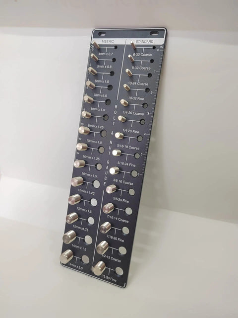 Thread Checker Gauge Tool With 30 Bolt And Nut Sizes For Fast Identification Dual Metric And Standard System 15 Metric And 15 Standard Sizes Board For Quick DIY Repairs, front view of metal board with bolts arranged in rows.