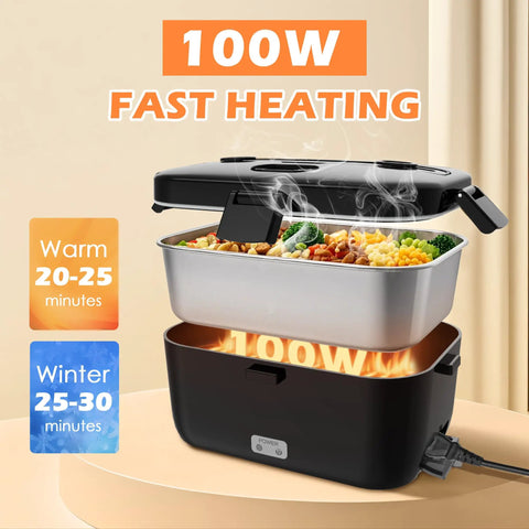 Electric Lunch Box Heater 100W Portable Food Warmer 1.8L showing steaming food tray, heating duration and power details