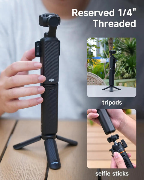 Pocket 3 Battery Handle For DJI Osmo Pocket 3 with 1/4 inch thread shown with tripod and selfie stick connections