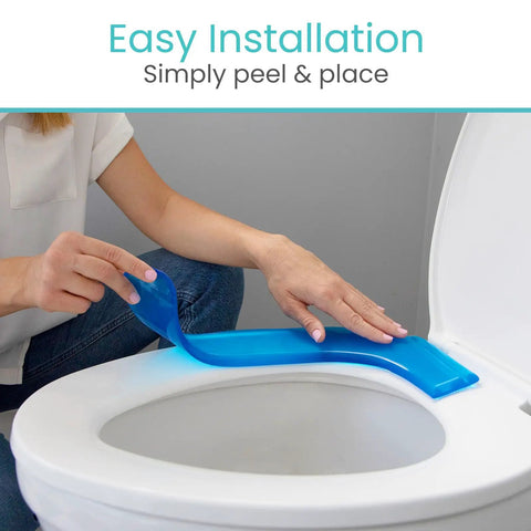 Applying gel toilet seat cushion pad with raised padded riser for elongated and standard toilet seats and commode chairs.