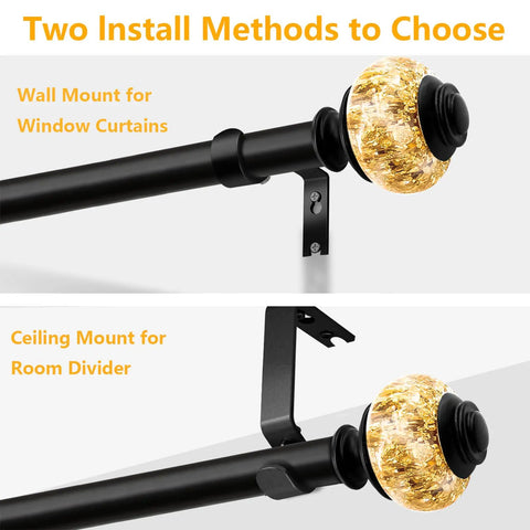 1 Inch Adjustable Curtain Rod Set With Dope Luxury Crystal Translucent Finials In Black Gold Extends From 28 To 52 Inches Heavy Duty Up To 50 Lbs Modern Bedroom And Living Room Window Decor, dual mounting methods shown