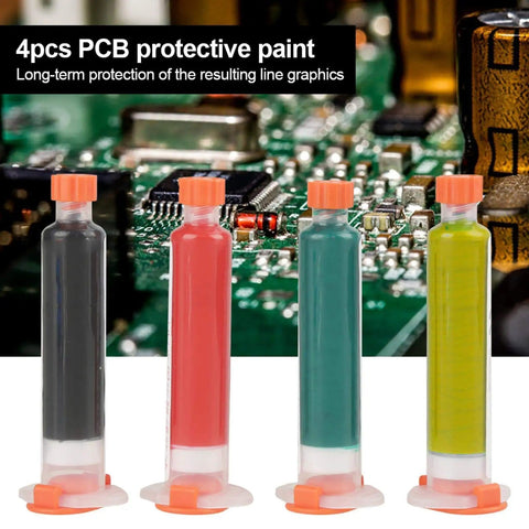 Pro Level Solder Flux Paste Kit For DIY PCB Repair And BGA Welding, four syringes with colored paste on circuit board