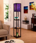 Three In One Floor Lamp With Shelves And USB Ports Power Outlet, Linen Fabric Shade, Corner Standing Light For Living Room, Abstract Stained Glass Mosaic Purple Violet Design, 63 Inch Tall, Space Saving, Eye Friendly Diffused Glow
