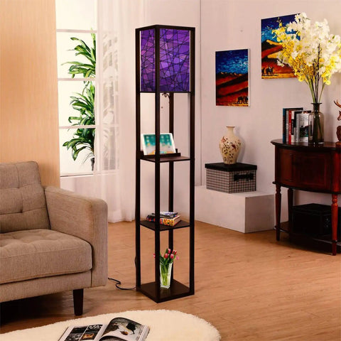 Three In One Floor Lamp With Shelves And USB Ports Power Outlet, Linen Fabric Shade, Corner Standing Light For Living Room, Abstract Stained Glass Mosaic Purple Violet Design, 63 Inch Tall, Space Saving, Eye Friendly Diffused Glow