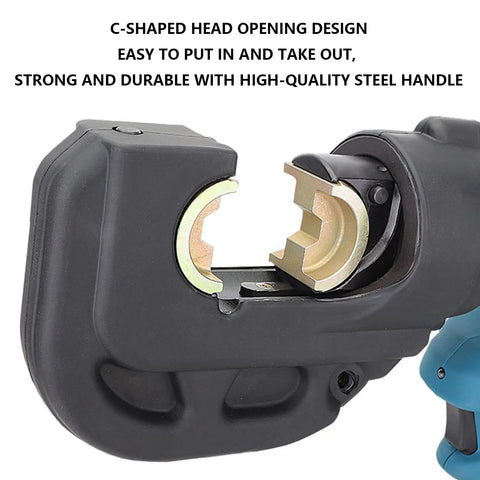 C-shaped head of Pro Grade Slick Cordless Electric Hydraulic Crimping Pliers showing a strong steel handle and crimping mechanism.