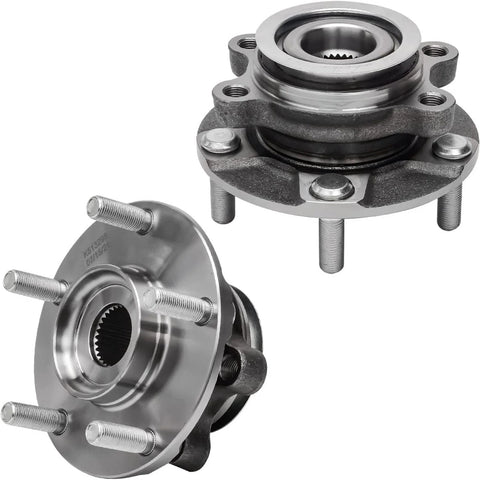 FWD 4Pc Front And Rear Wheel Bearing Hubs Assembly Kit For Nissan Rogue 2008 Through 2013 And Nissan Rogue Select 2014 Through 2015 Front And Rear Replacement showing metal hub assemblies with 5-lug, 4-bolt square flange.