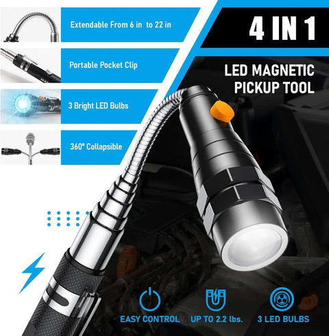 Telescoping Magnet Pickup Tool With 3 LED Magnetic Flashlight, Cool Gadget Gift For Men And Women, Black, with pocket clip