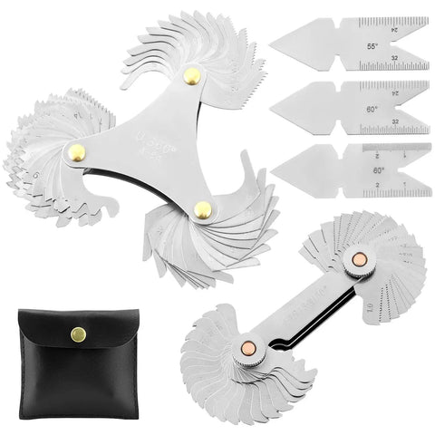 Must-Have 5 Piece Thread Pitch Gauge Tool Set in Stainless Steel with SAE and Metric Markings, Easy Read Gauges shown with pouch.