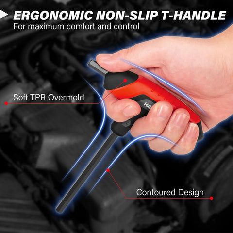 Hand gripping ergonomic T-handle from 14 Piece T Handle Allen Wrench Set With SAE And Metric Hex Keys Beefy High Torque CR V Steel Hex Key