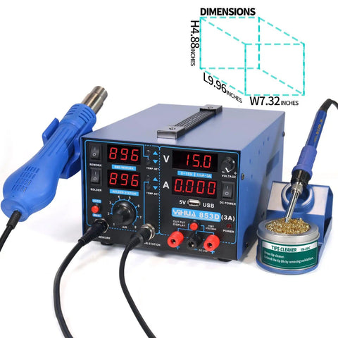 All In One Soldering Station With Hot Air Rework, Power Supply And USB 3A Output, compact blue unit with tools and dimensions shown