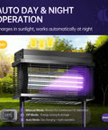Rechargeable Solar Bug Zapper For Outdoors Purple UV Mosquito Killer Lamp With Rain Off Sensor in a garden setting