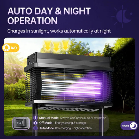 Rechargeable Solar Bug Zapper For Outdoors Purple UV Mosquito Killer Lamp With Rain Off Sensor in a garden setting