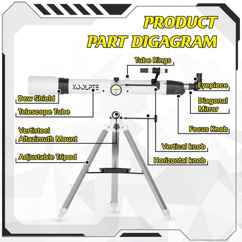 90mm Refractor Telescope With 900mm Focal Length AZ Mount Easy Setup Precision Adjustment 45 To 450x Diagram