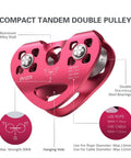 Beefed Up Zipline Pulley Trolley 30KN Double Sheave For Quarter, Five Sixteenths, Three Eighths, And Half Inch Cables, Backyard Zipline Hauling Rigging And Commercial Use, Aluminum Magnesium Alloy Shell With Stainless Steel Bearings
