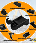 X Change Coupler Bracket for Bobcat Quick Attach Excavator Bucket Mount shown with various bucket options, heavy duty black steel.
