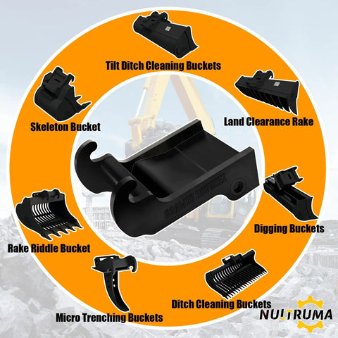 X Change Coupler Bracket for Bobcat Quick Attach Excavator Bucket Mount shown with various bucket options, heavy duty black steel.