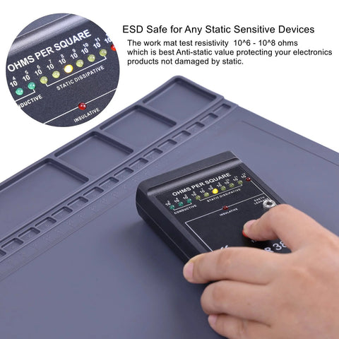 ESD anti-static silicone mat for electronics with wristband and grounding wire, grey 15.9 x 12 inches.