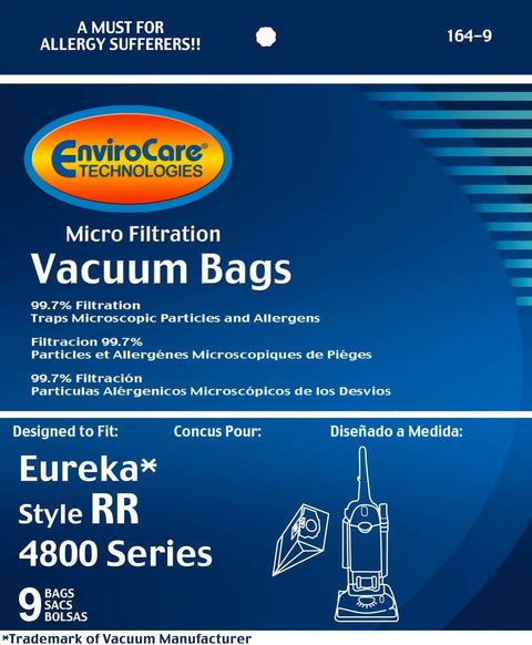 Packaging of Replacement Vacuum Bags For Eureka RR Boss Smart Vac 4800 9 Pack, highlighting 99.7% filtration efficiency.