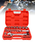 Pass Through Socket Set With Three Eighths And One Half Inch Drive Sockets 72 Tooth Reversible Ratchet Tool Kit in red case