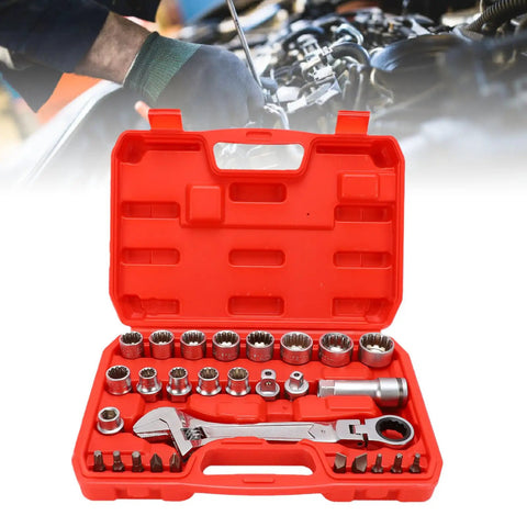 Pass Through Socket Set With Three Eighths And One Half Inch Drive Sockets 72 Tooth Reversible Ratchet Tool Kit in red case