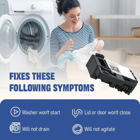 Woman holding GE Washer Lid Lock Switch Replacement WH01X27954 near washing machine with symptoms list