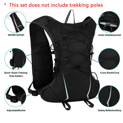 Ultra Lightweight Hydration Vest 5L Water Backpack with 2L BPA Free Bladder showing elastic cords and mesh
