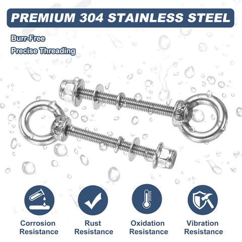 M8 X 100mm Shoulder Eye Bolt Set in 304 stainless steel with lifting ring, flange lock nuts, spring washers, flat washers