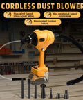 Cordless Dust Blower For 20V Battery High Power Handheld Air Duster Delivers 447 MPH Wind 50,000 RPM 3 Gear Stepless Speed Beast Mode For Garage Workshop Sawmill And Home Cleaning shown with nozzles and hose on a workbench.