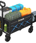 Heavy Duty Foldable Wagon Cart With 360 Lb Load Capacity, 90L Expandable Storage, 2 Cup Holders, 600D Oxford Fabric, Collapsible Outdoor Cart For Groceries Camping Garden Black loaded with camping gear.