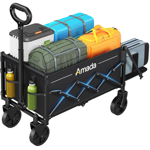 Heavy Duty Foldable Wagon Cart With 360 Lb Load Capacity, 90L Expandable Storage, 2 Cup Holders, 600D Oxford Fabric, Collapsible Outdoor Cart For Groceries Camping Garden Black loaded with camping gear.