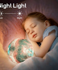 Child sleeping with 7.1 Inch Galaxy Moon Lamp 3D Printed Moon With NASA Imagery, 16 Color Changes, USB Rechargeable by bedside
